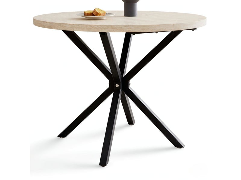 Table de salle à manger ronde 100 cm en mdf décor bois clair, piètement métal noir pour 4 à 6 convives - Conforama A