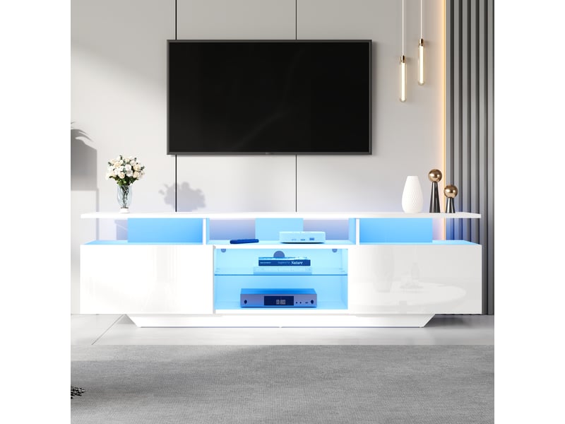 Meuble tv blanc laqué 160x40x45 cm avec led, 2 armoires et 8 étagères – design moderne, support tv jusqu’à 70 pouces - Conforama B