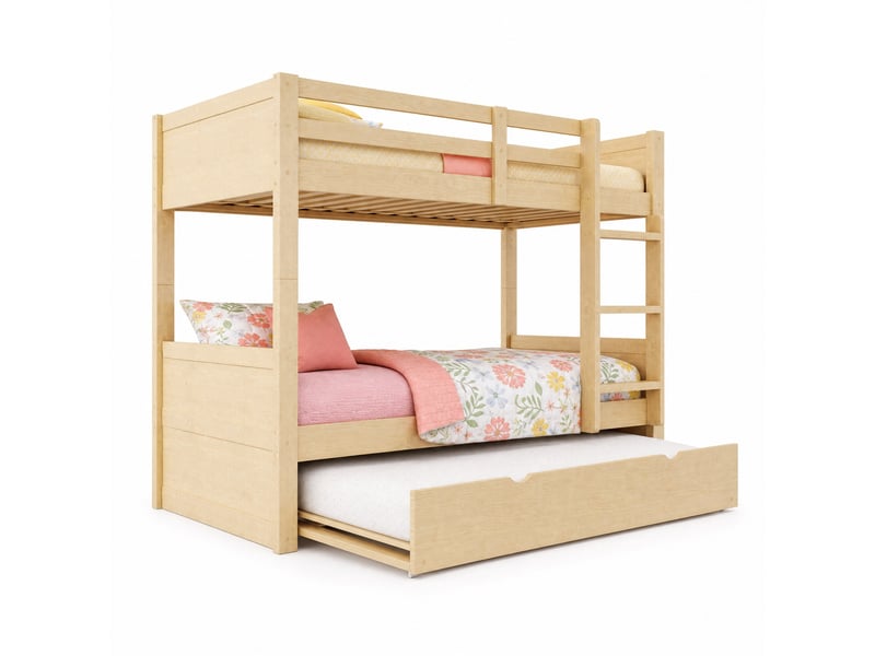  Lit superposé 3 places 90×200 cm et 90×190 cm avec lit gigogne, barrière et échelle - okmyhome- bois, sans matelas  - Conforama A