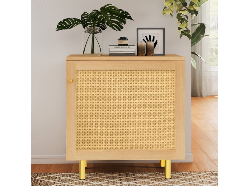  Table de chevet rustique avec porte tressée et tiroir, meuble de rangement mdf effet bois pour chambre ou salon, 60x40x63 cm  - Conforama B