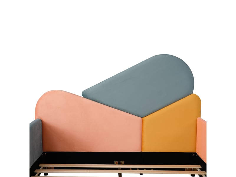  Lit enfant rembourré multicolore - 140x200cm - panneaux latéraux surélevés et tête de lit arrondie - avec sommier à lattes - bleu et multicolore  - Conforama E