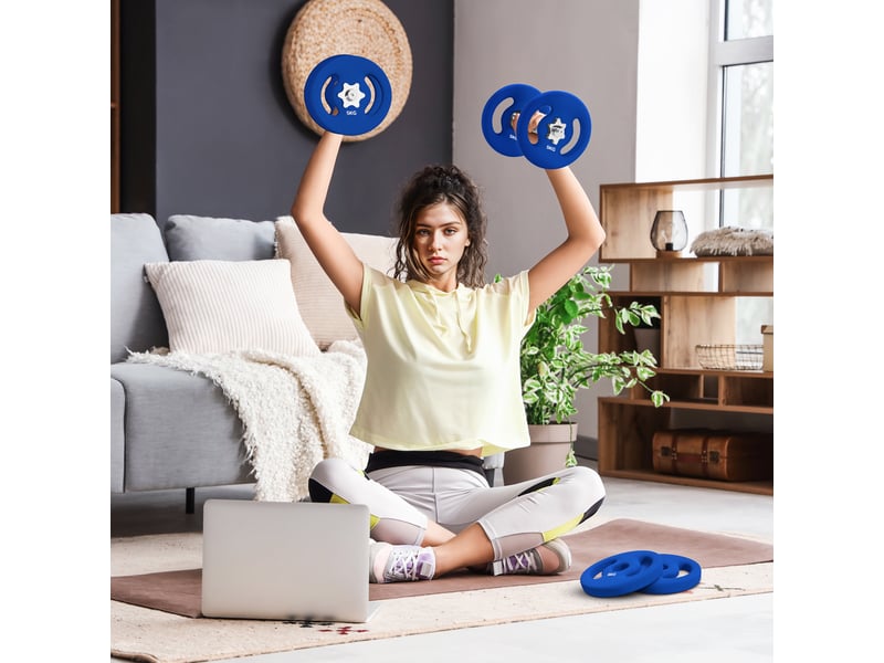  Lot de 2 disques de musculation 5kg, alésage 30 mm, poids bleus avec poignées pour fitness  - Conforama B