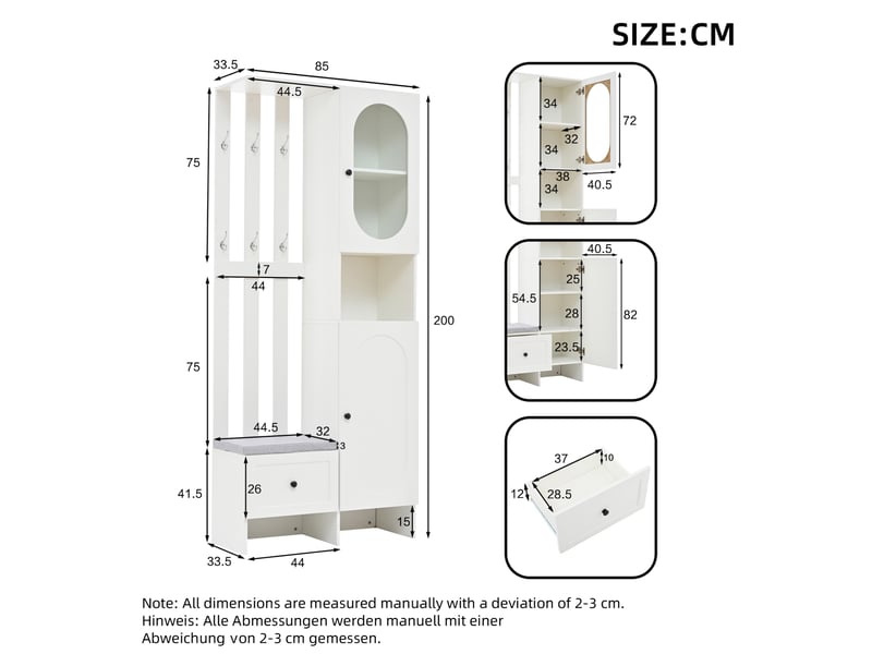  Meuble d'entrée avec 2 armoires, tiroir, 10 rangements, 6 crochets et banc à chaussures blanc, 85 × 33,5 × 200 cm  - Conforama D