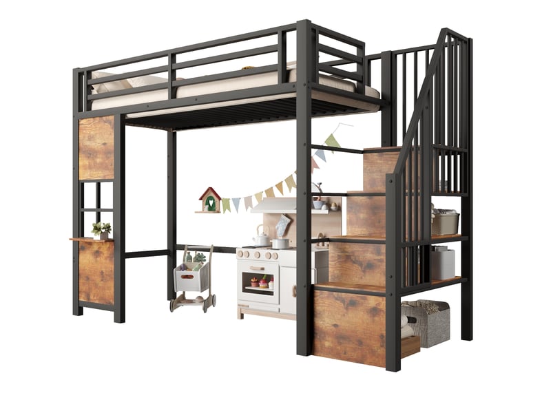  Lit mezzanine 90x200 cm avec escalier de rangement et espace de jeu en métal et mdf noir  - Conforama A