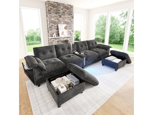 Canapé d'angle modulable - 6 places - forme l - rangements intégrés - éclairage led - usb et type-c - ottomans - pratique - gris