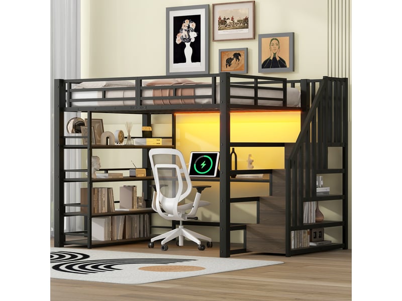 Lit mezzanine 140x200cm avec bureau intégré, escalier de rangement, station usb et éclairage led, métal noir evarich - Conforama B