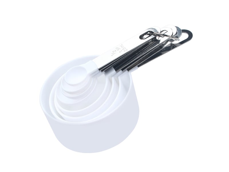  Un ensemble de 8 tasses et cuillères à mesurer en plastique avec manches en acier inoxydable, parfait pour la pâtisserie et la cuisine, blanc  - Conforama A