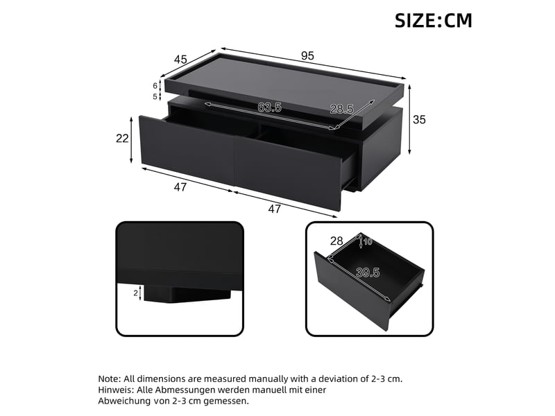  Table basse 95x45x35 cm avec led, 2 tiroirs et plateau laqué brillant, table de salon moderne avec rangement et éclairage d'ambiance - noir  - Conforama E