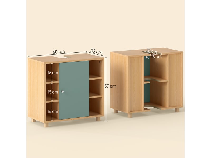  Meuble sous lavabo, meuble de salle de bain avec 6 étagères ouvertes et porte à fermeture amortie 60 x 33 x 57 cm, vert  - Conforama C