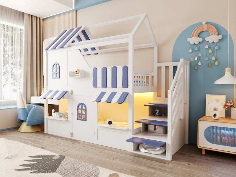  Lit superposé enfant 90 x 200 cm - design maison cottage avec toit et fenêtre, échelle rangement, led et barrières de sécurité - blanc + bleu  - Conforama W