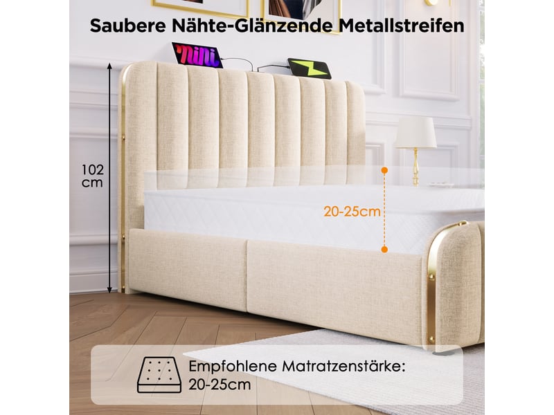  Lit coffre, lit enfant 90x200 cm, usbusb-c, matelas inclus, lin beige  - Conforama E