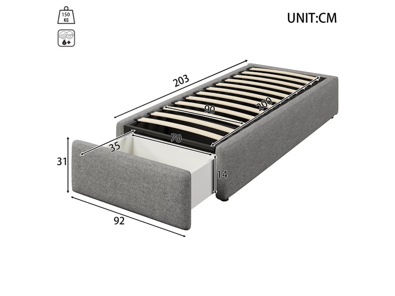  Sommier 90x200 cm, gris, avec espace de rangement et 1 tiroir, lit coffre enfant, revêtement coton-lin, sans matelas ni tête  - Conforama C