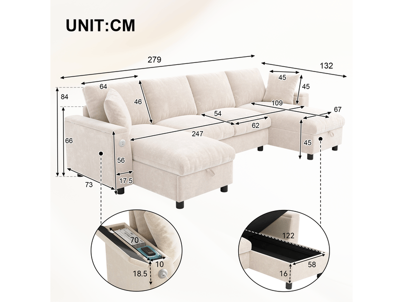  Canapé en u tissu chenille beige avec coffre 279cm - ports usbtype-c et assises amovibles  - Conforama C