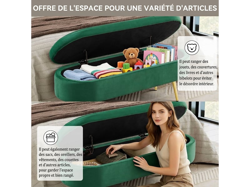  Banc de rangement vert 110 cm en velours avec coffre et pieds en métal  - Conforama D