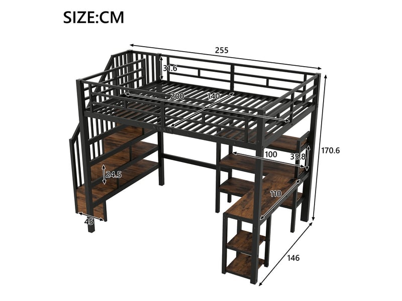 Lit mezzanine en métal 140x200 cm - avec bureau et échelle de rangement - port usb et éclairage led - noir (sanas matelas)  - Conforama C