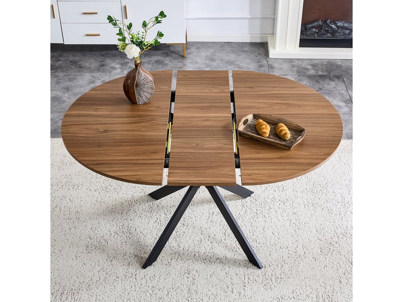  Table à manger extensible 107-137x107x76cm moderne, plateau mdf effet noyer, piètement tripode métal, design élégant, panneaux de bois, noyer et noir Bubbly - Conforama E
