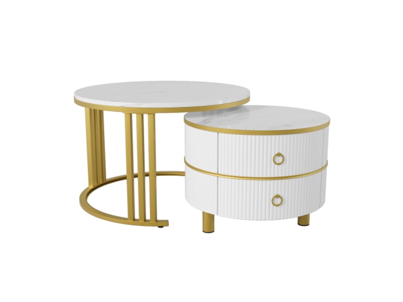  Table basse moderne 2 en 1 moderne | structure mdf avec plateau brillant et marbre blanc, combinaison salon  - Conforama C