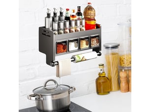 Étagère de cuisine murale sans perçage, étagère à épices suspendue en acier inoxydable avec porte-rouleau de cuisine & 4 boîtes à épices, organisateur
