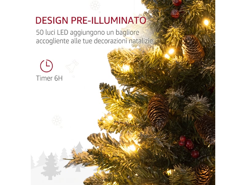  Mini sapin de noël 60 cm avec lumières intégrées, 86 branches, pommes de pin, baies rouges, socle en béton, vert  - Conforama E