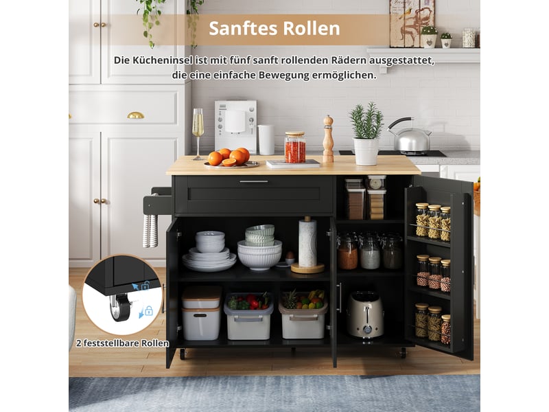 Desserte de cuisine 132,5 cm – plateau rabattable, rangements, roulettes – meuble mobile pratique - Conforama B