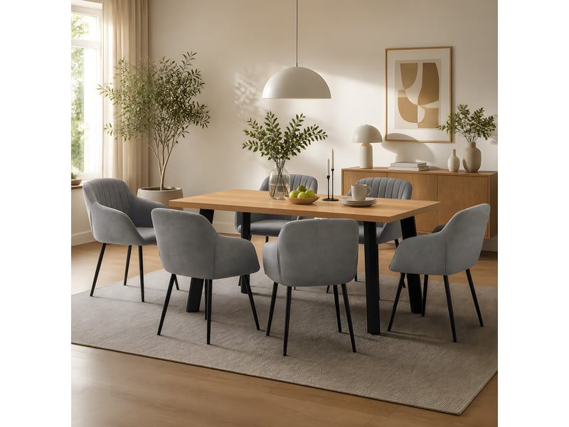 Ensemble table et 6 chaises - table rectangulaire 160x80 cm monobloc en chêne sauvage et pieds métal, 6 chaises en velours gris et pieds métal - Conforama A