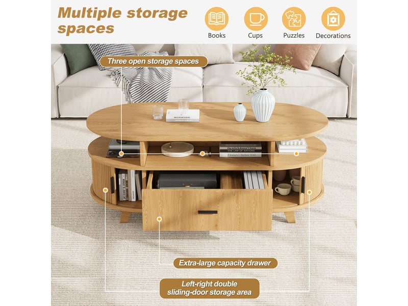  Table basse ovale 100x50x40 cm effet bois naturel, 1 tiroir, 2 portes coulissantes à rideau, 3 niches ouvertes, rangement, mdf  - Conforama E