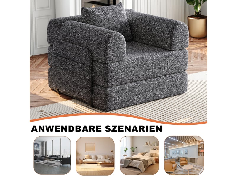  Fauteuil convertible 1 place avec rangement  - cadre acier, chenille grise, 32,0 × 32,0 × 103,0 cm  - Conforama E