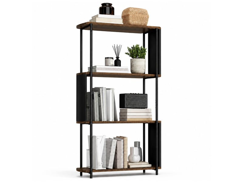  Étagère de rangement, bibliothèque à 4 niveaux avec panneaux latéraux incurvés, cadre en acier, 80x30x141cm, marron  - Conforama A