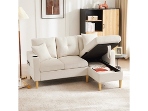 Canapé d'angle gauche fixe 3 places Tissu beige avec coffre de rangement
