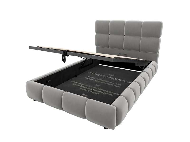 Lit coffre capitonné 90x200 velours gris avec led, rangement hydraulique et tête de lit rembourrée sans matelas  - Conforama D