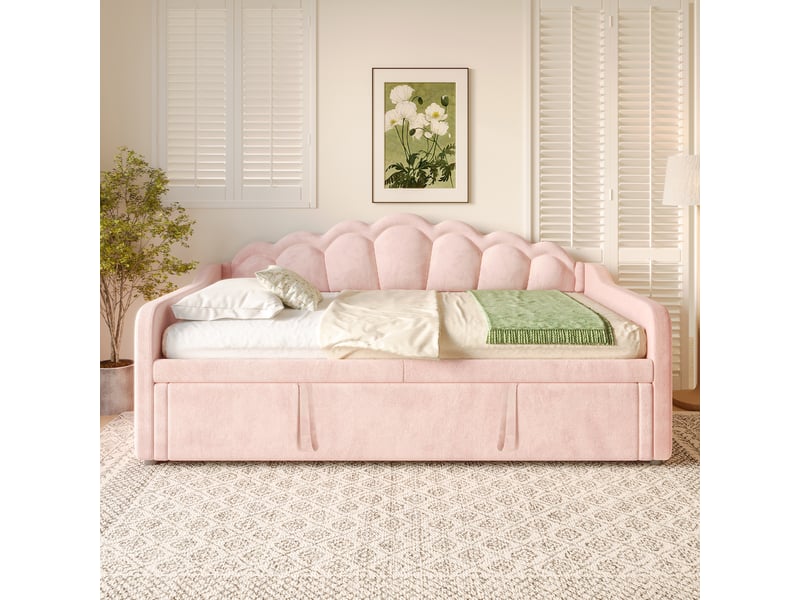  Lit de jour extensible 90x200 à 180x200 cm canapé-lit en velours rose avec bande led  - Conforama B