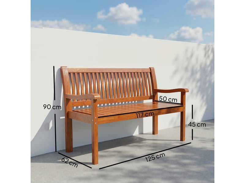 Banc de jardin en bois, banc d'extérieur 2 places avec housse imperméable, dossier ergonomique, 125 x 62 x 90 cm, marron clair - Conforama E