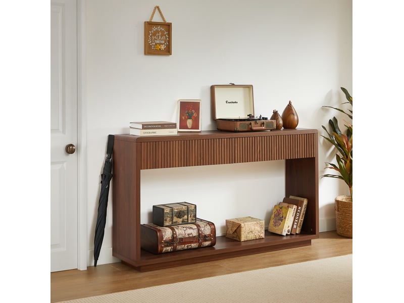 Console d’entrée 150x35x85 cm avec 2 tiroirs et niche ouverte, noyer - Conforama W