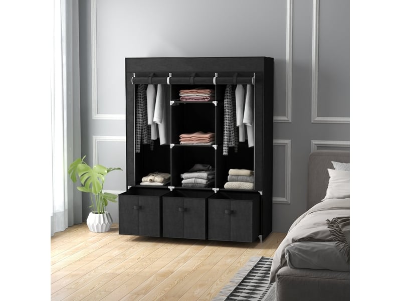  Armoire en tissu avec 2 penderies, 5 étagères, 3 tiroirs et housse zippée, pour chambre, noir, 125 × 43 × 162,5 cm  - Conforama C
