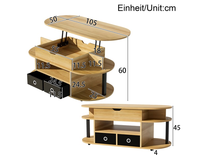  Table basse relevable avec 2 tiroirs en tissu et espace de rangement, style moderne, pour salon et bureau  - Conforama D