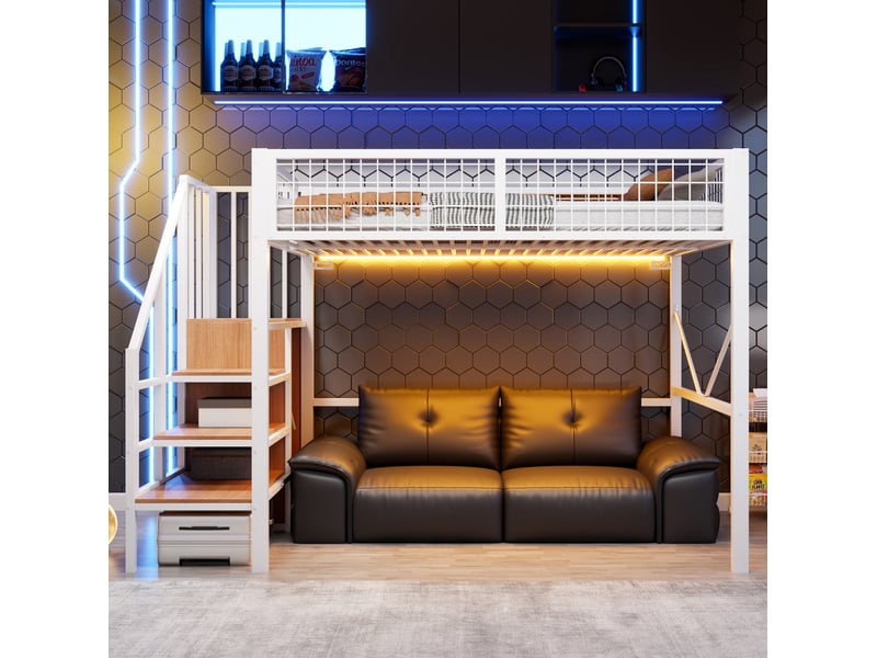  Lit mezzanine 140x200 cm avec rangement, structure en métal, barrière de sécurité, coloris blanc vendu sans matelas  - Conforama B