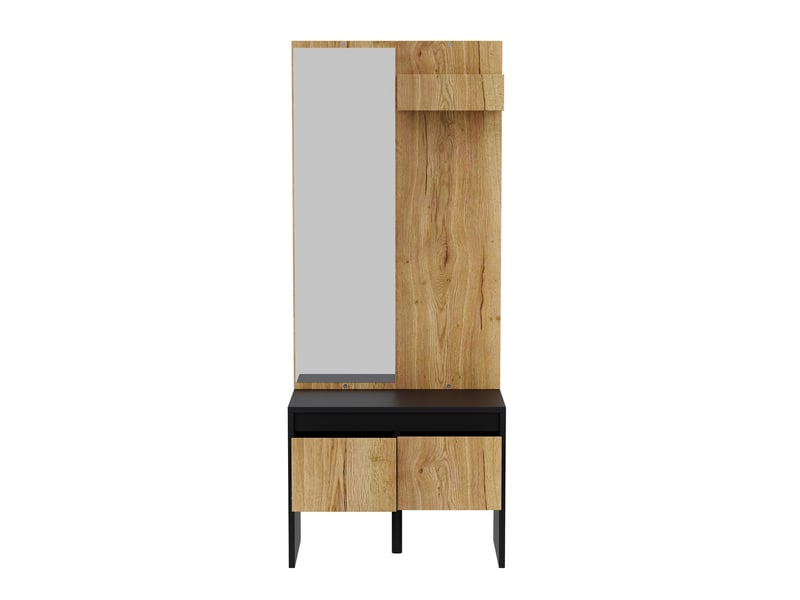  Ensemble meuble d'entrée 60x38x145cm noir et naturel - vestiaire de couloir 3-en-1 avec patères, miroir, banc et 2 tiroirs  - Conforama A