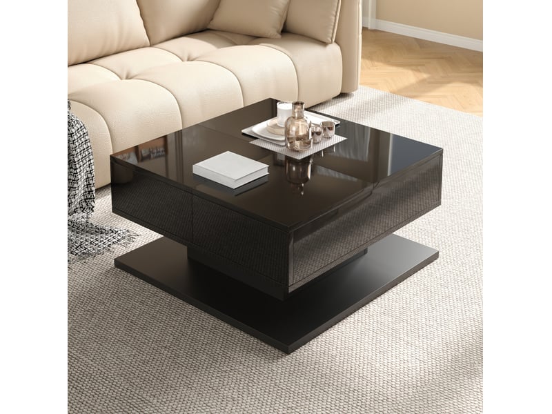  Table basse relevable 72x72x35 cm, tiroirs, plateau à abattant, led app, finition haut‑brillante, mdf, noire  - Conforama D