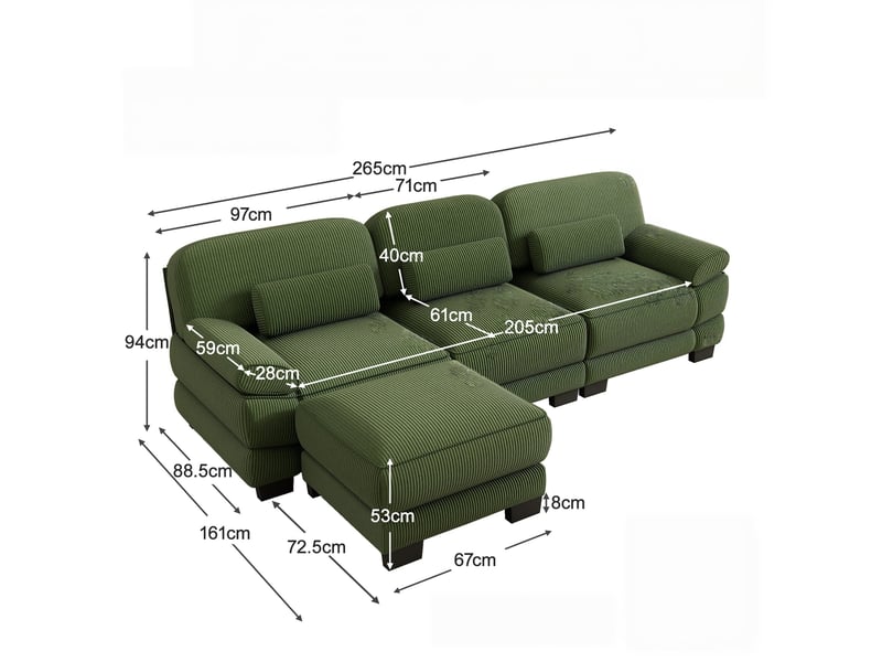 Canapé d’angle 3 places forme l, 1 pouf inclus, soutien lombaire épais, assise profonde, textile confortable, 265 × 161 × 94 cm, vert - Conforama C