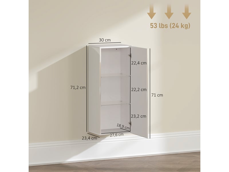  Meuble mural de salle de bain, étagère réglable en verre trempé, porte sans poignée, moderne, 30x23,4x71,2cm, blanc  - Conforama E