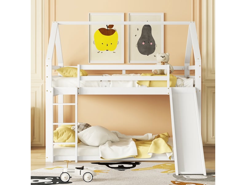  Lit cabane superposé 140x200 cm, lit enfant avec toboggan et échelle de sécurité, structure en bois massif pour chambre, blanc et gris  - Conforama D