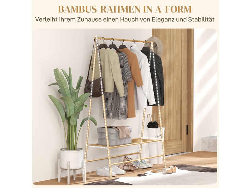  Porte-manteau sur pied 116x43,5x160 cm – bambou naturel – tringle, crochets et étagère à chaussures  - Conforama E