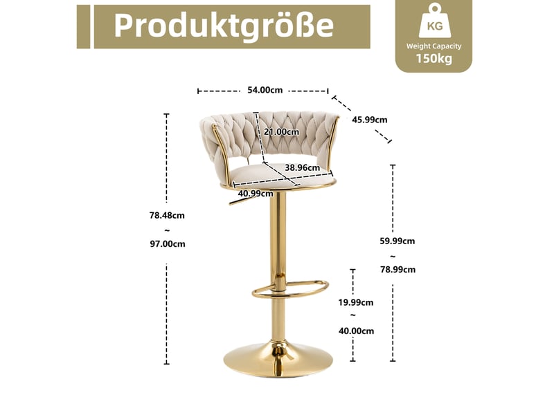  Lot de 2 chaise de bar 54x46x78,5-97 cm pivotant 360° hauteur réglable clic siège rembourré velours base dorée ivoire  - Conforama C