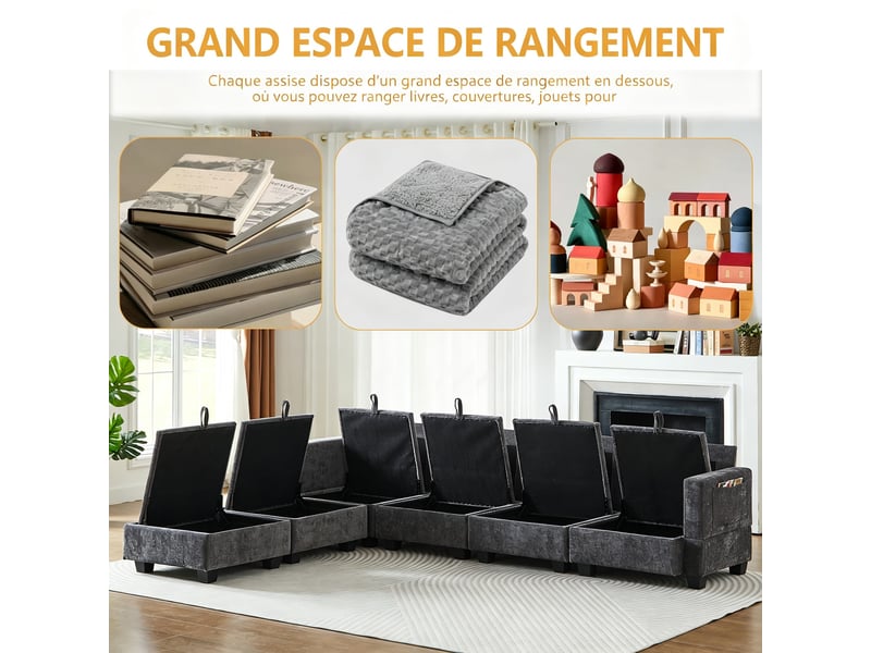  Canapé d’angle, en chenille, u de salon, ottomane coffre, 6 places et méridienne, 87,6x289,6x141 cm, gris  - Conforama E