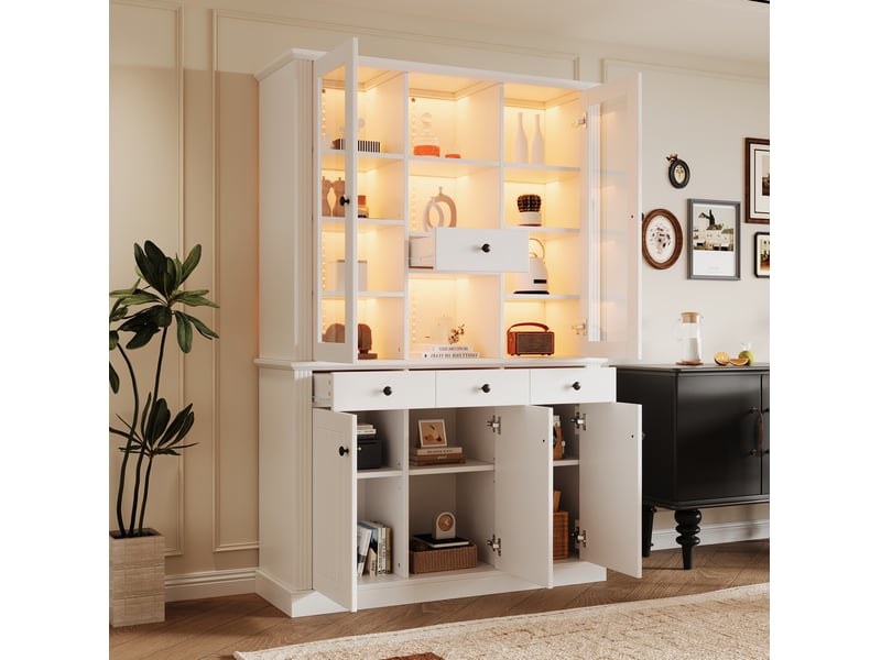  Vitrine 119,5x40x180 cm avec led, 4 tiroirs et 5 portes coloris blanc  - Conforama B