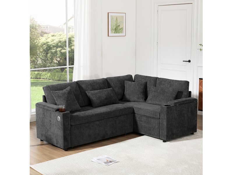  Canapé d'angle convertible 206,5 x 141 cm – gris foncé – rangement, usb, porte-gobelets et 4 coussins  - Conforama B