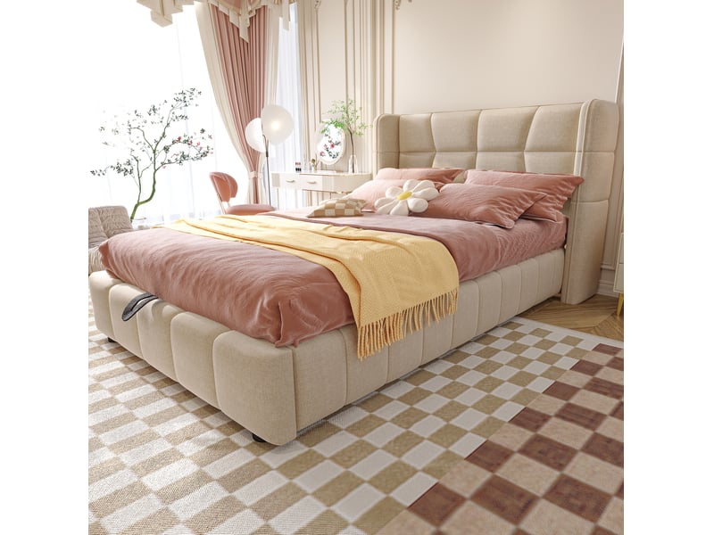  Lit avec coffre, 90x200 cm, lit simple, solution de rangement caché, tête de lit, tissu et lin et métal, coloris beige  - Conforama D
