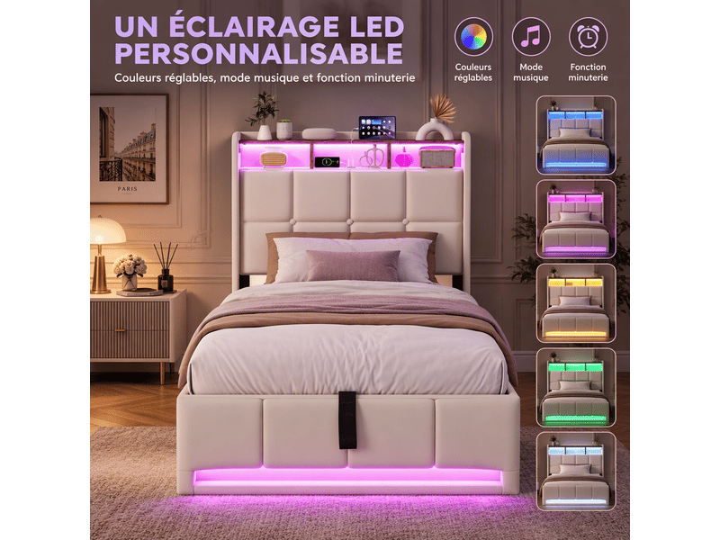  Lit simple 90 x 200 cm avec rangement hydraulique, lit 1 place avec led et ports usb-c, lit capitonné avec sommier à lattes, lin, beige  - Conforama C