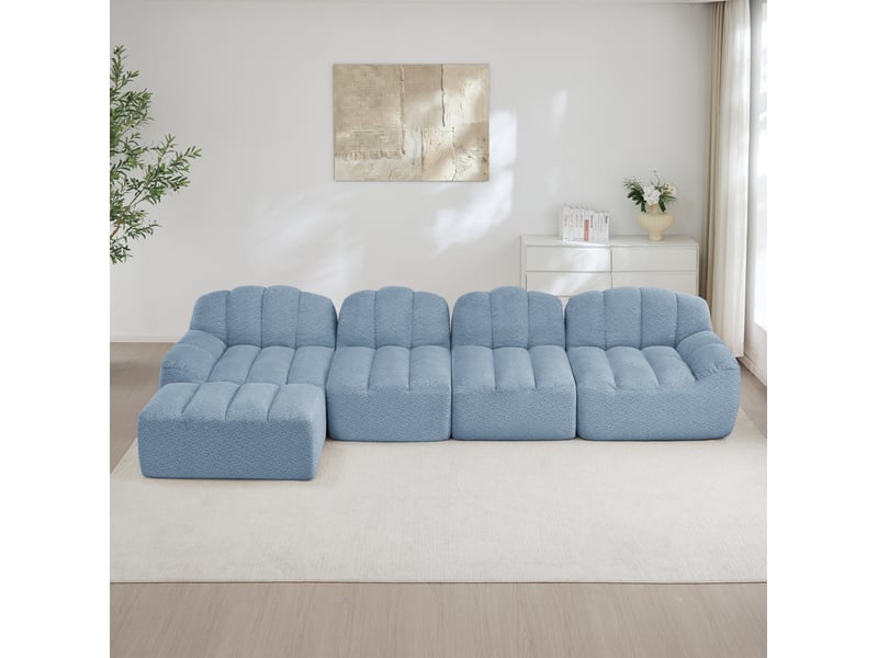  Canapé modulable ulevr 4 places avec ottoman, en l, sans structure rigide, tissu bouclette bleu, 366 x 165 x 79 cm  - Conforama B
