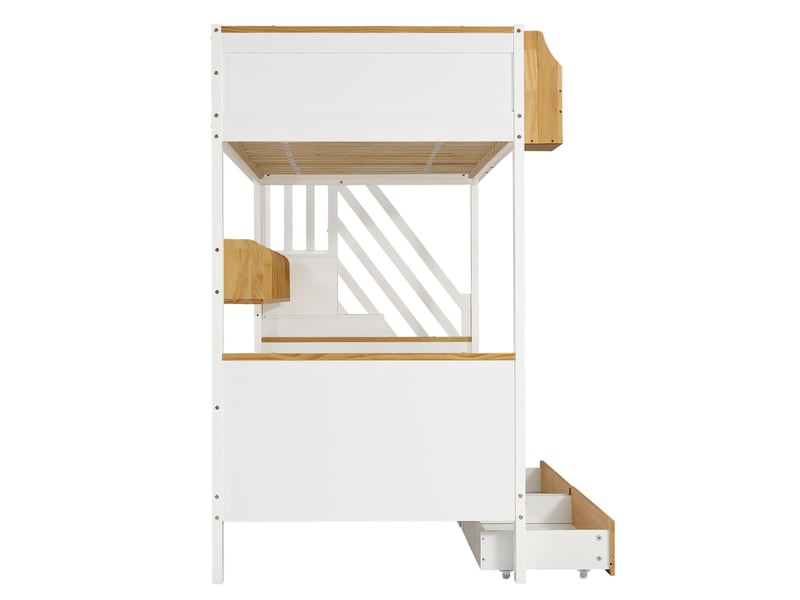 Lit superposé enfant 90x200 cm – blanc et naturel – escalier de rangement, 2 tiroirs et étagères - sans matelas - Conforama E